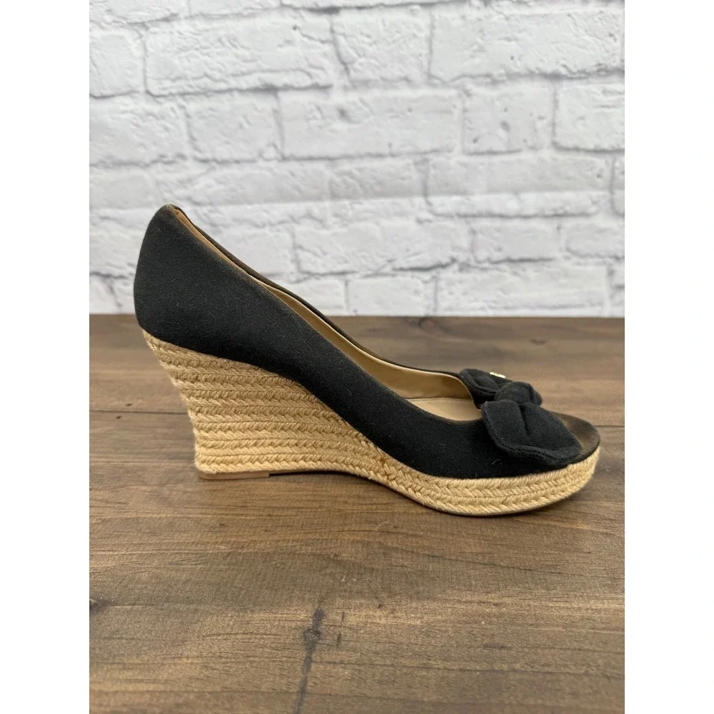 Tory Burch Black Canvas Bow Peep Toe Espadrille Wedge Sandals Womens 9.5